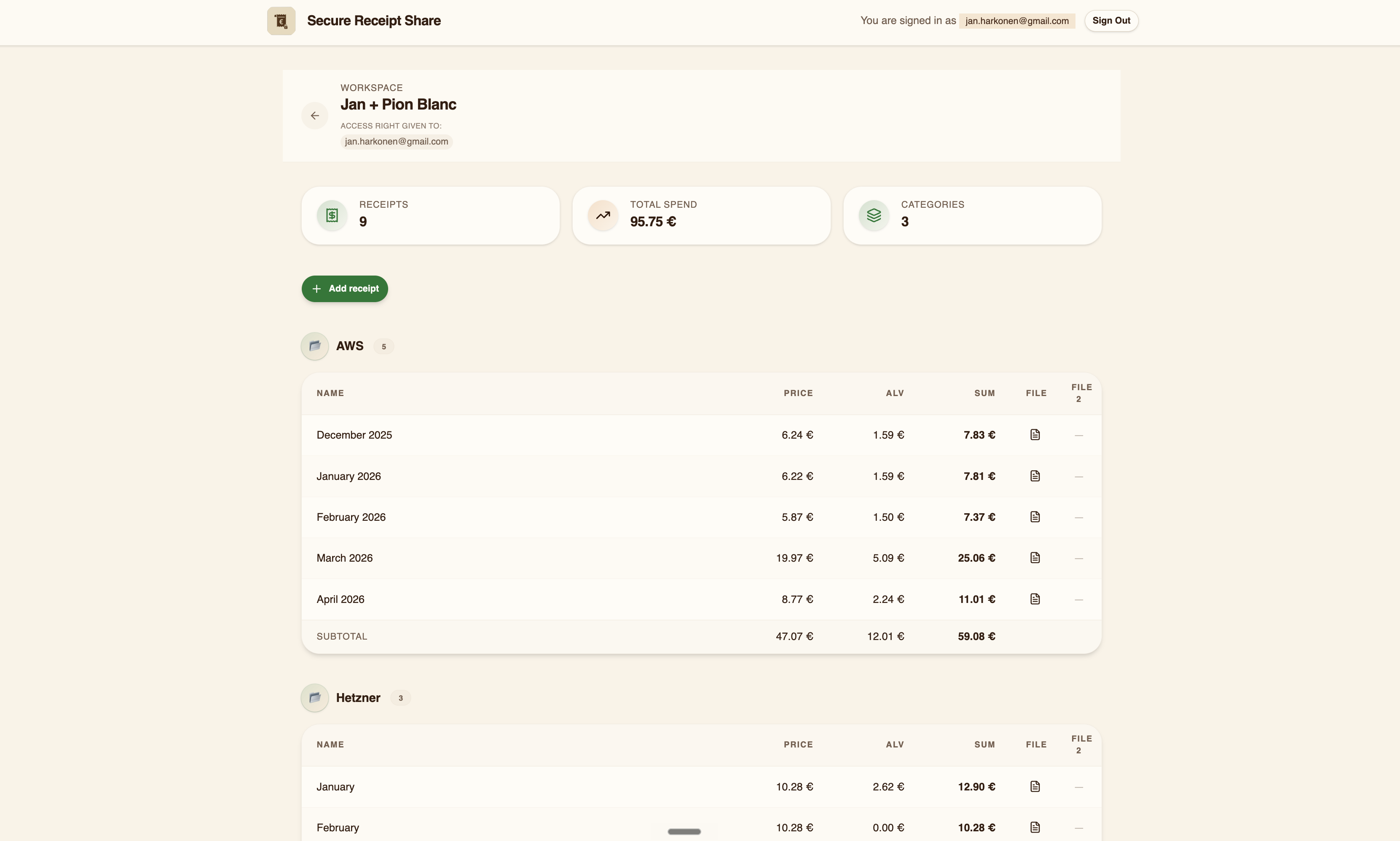 Secure receipt share preview